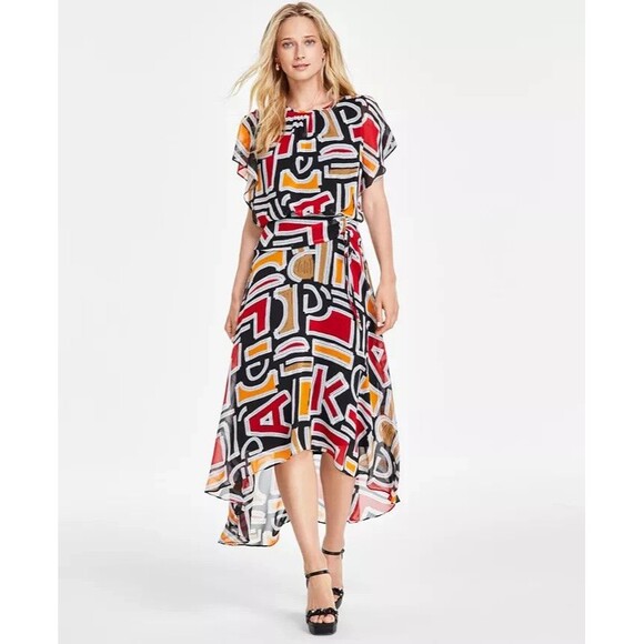 Karl Lagerfeld Paris Women's Printed High-Low Flutter-Sleeve Dress, BlackMulti 6 - Picture 1 of 3